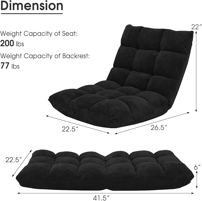 GORELAX Floor Chair with Back Support 14-Position Adjustable Folding Gaming Chair Recliner Meditation Chair with Steel Frame Padded Lazy Sofa Chair for Adults Kids (Black)