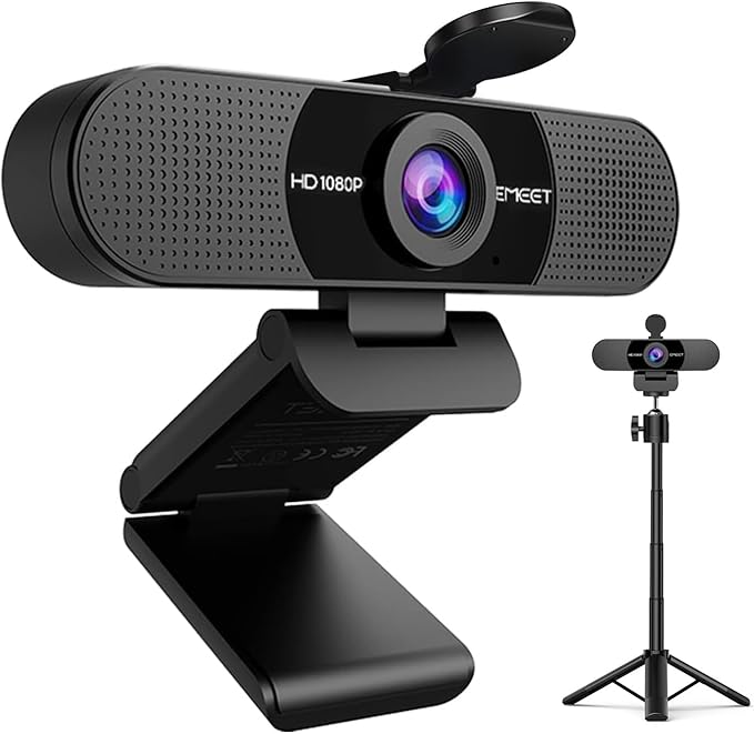 EMEET C960 Webcam with Tripod 1080P Webcam with Microphone Adjustable Height Mini Tripod C960 Web Camera with Privacy Cover Plug &amp Play with Stand for Zoom/Skype/YouTube/FaceTime