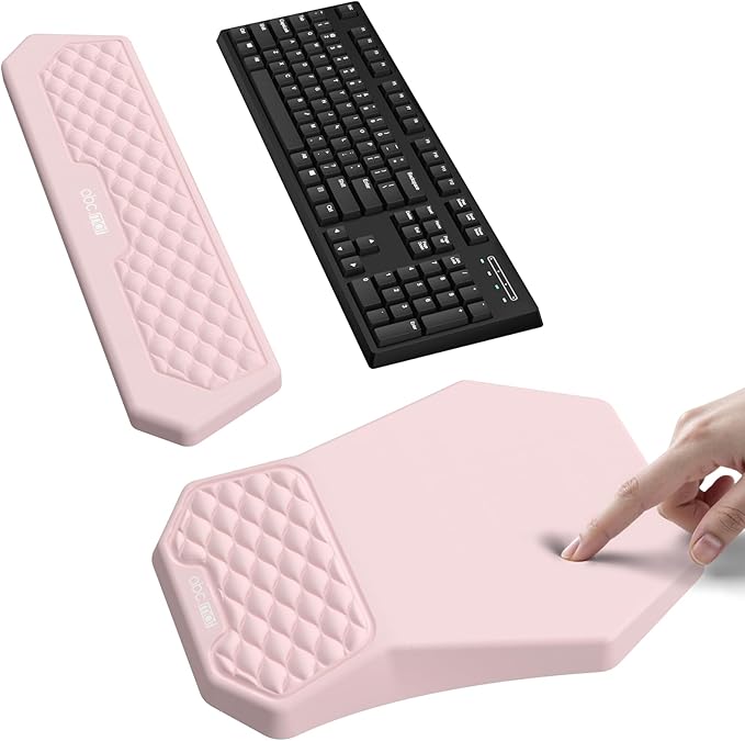 Ergonomic Mouse Pad and Keyboard Wrist Rest Support Set Massage Design Mousepad for Carpal Tunnel Pain Relief Memory Foam Non-Slip PU Base for Computer Desk Pink