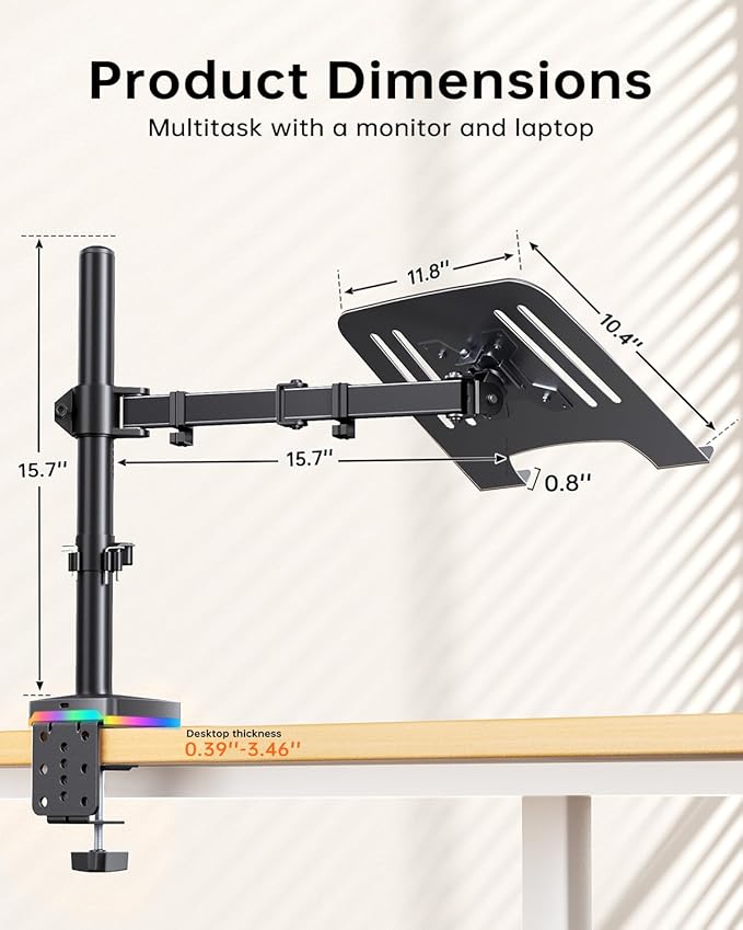 RGB 2 in 1 Laptop Monitor Desk Tray with 3 USB Ports Charging and USB Data Transfer Adjustable laptop stand for 13 to 32 Screen and 11-17” Laptop Holds 18lbs/Arm 75x75/100x100 VESA C-Clamp