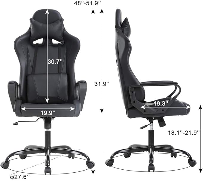 Gaming Chair Ergonomic Office Chair Massage Computer Chair High Back Racing Video Game Chair with Adjustable Armrest and Headrest Lumbar Pillow Swivel Rocking Executive Task Chair Black