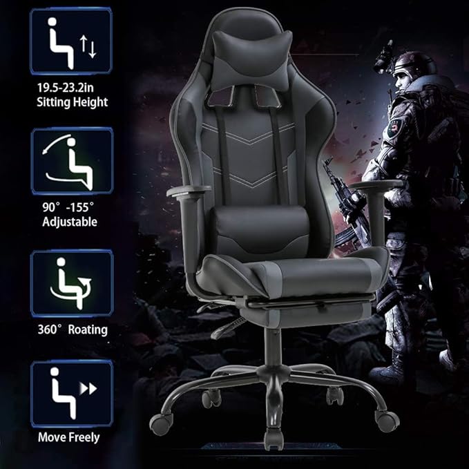 PC Gaming Chair with Footrest Ergonomic Home Office Chair with Lumbar Support &amp Headrest Pillow Height Adjustable Swivel Recliner Racing Computer Video Game Chairs Grey