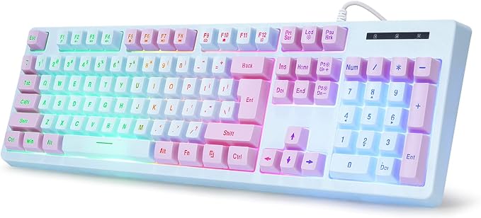 HUO JI Gaming Keyboard USB Wired with Rainbow LED Backlit Floating Keys Mechanical Feeling Spill Resistant Ergonomic for Xbox PS Series Desktop Computer PC Blue Purple