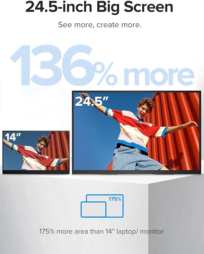 Portable Monitor 24.5” 240Hz Gaming Monitor with FreeSync HDR 0.1ms 180° Adjustable stand &amp VESA USB-C &amp HDMI 2000:1 Contrast 400Nits IPS Large Travel Second Screen for Laptop Game Con