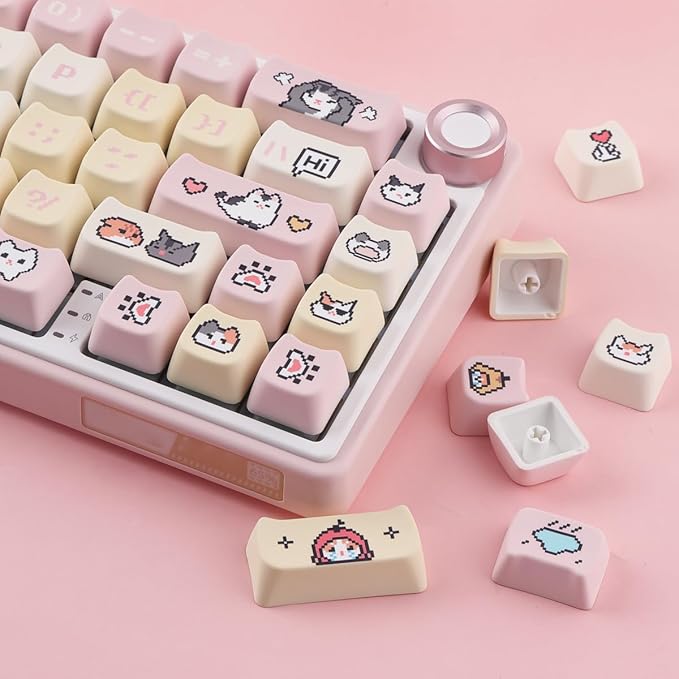 PBT Keycaps 132 Keys Pixel Cat Keycaps Dye-Sublimation Cute Keycap Mao Profile Custom Keycap for Cherry Gateron MX Swithes Mechanical Gaming Keyboards