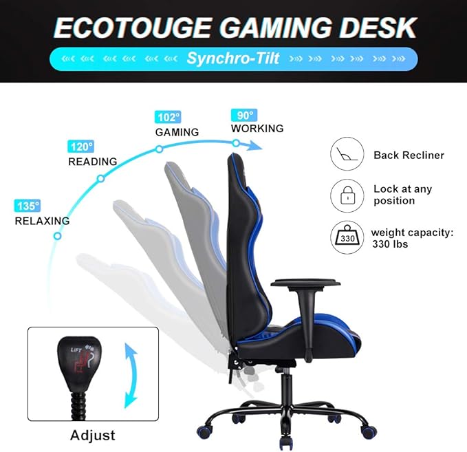 Massage Gaming Chair Video Racing Chair PC High Back Desk Computer Chair PU Leather Recliner w/Headrest and Lumbar Pillow Blue