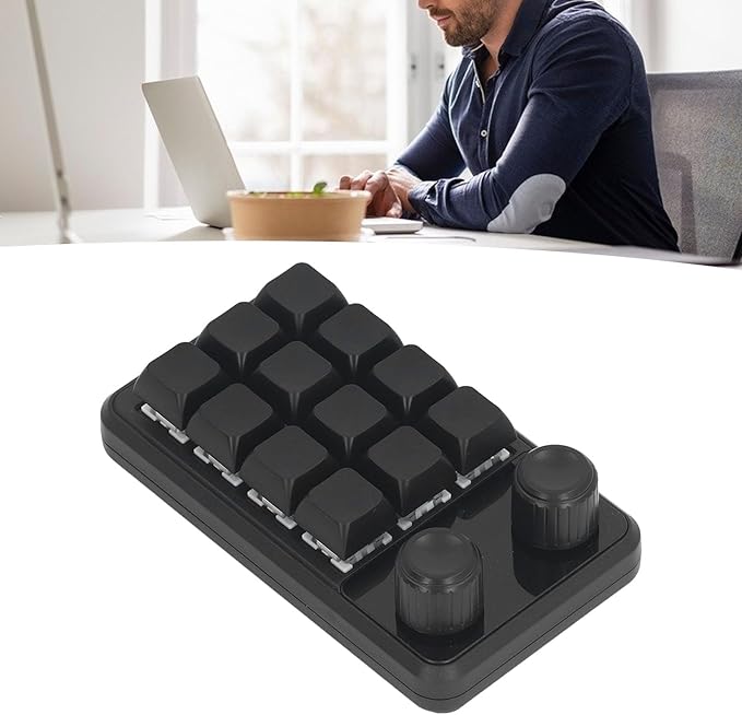 Hyuduo Mechanical Gaming Keyboard Mini Gaming Keypad 12 Keys 2 Knobs Blue Switch Black Color RGB Light Customizable Programming for Gaming Office Music Media Industrial Control