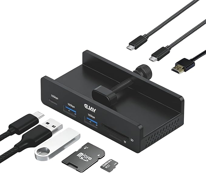 Ejay 7-in-1 USB C Hub with Clamp Mount 4K@60Hz HDMI for MacBook Pro 100W PD Charging 10Gbps USB 3.2 Hub for SD/TF Card Reader Aluminum Hub for XPS iPad Pro Windows Black