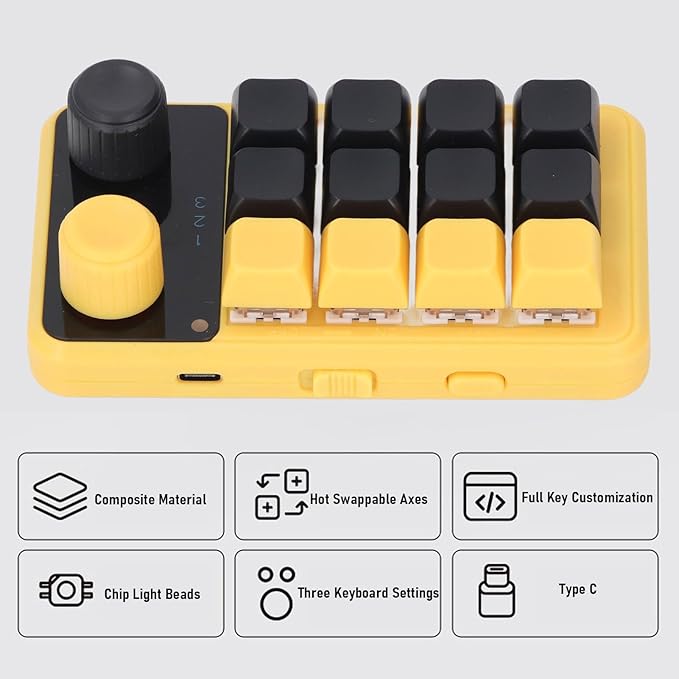Walfront 12 Keys Mechanical Gaming Keypad Programmable One Handed Red Switch RGB Knob Keyboard for Office Gaming Music Media and More