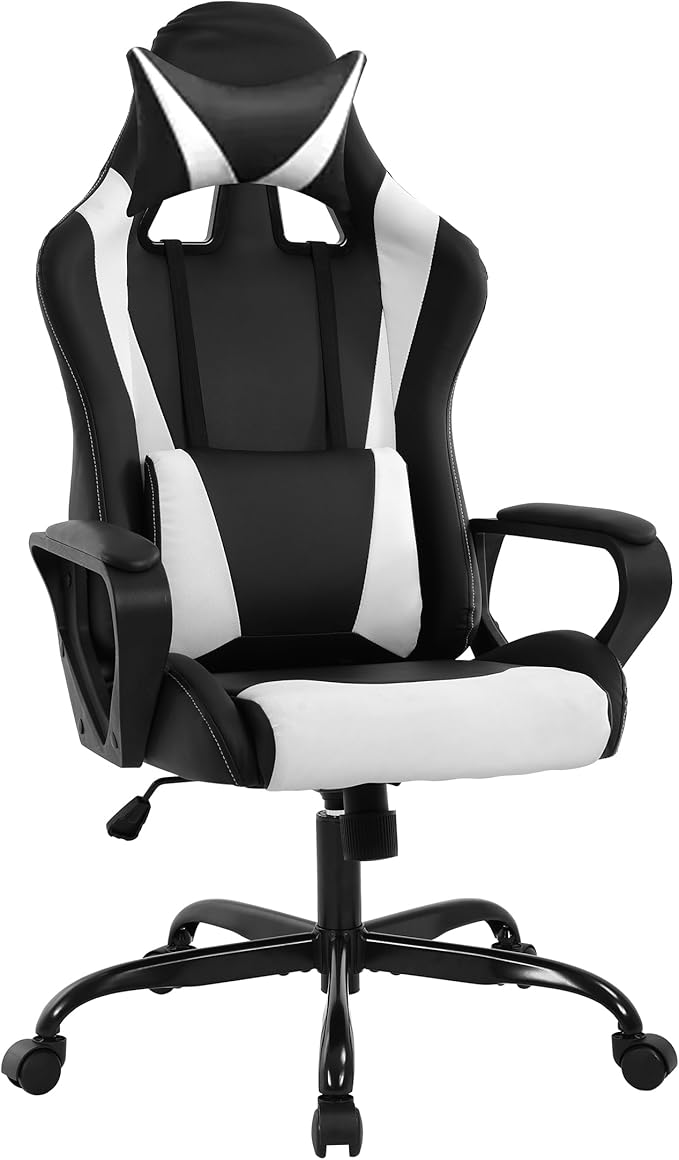 Gaming Chair Computer Gamer Racing Chair High Back Video Game Chair Leather Gaming Chair Ergonomic Adjustable Swivel Racing Chair with Headrest and Lumbar Supportfor Back Pain WomenMenWhite