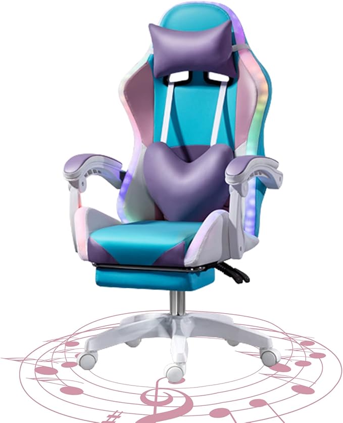 Gaming Chairs with LED Light Ergonomic Pro Video Game Chair with Bluetooth Speakers Office Chair with Lumbar Support Computer Chair for Retractible Footrest and Backrest AdjustableBlue