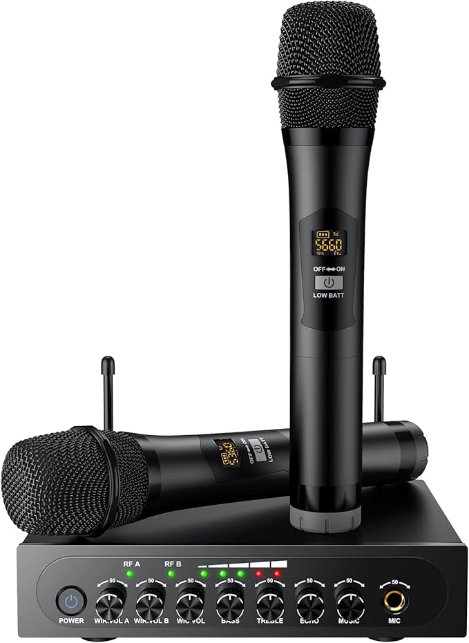 PROZOR UHF Wireless Microphone with Volume Treble Bass Echo Control Wireless Rechargeable Mic Dual Handheld Dynamic Mic System (Bluetooth UHF Base Station – Echo/Treble/Bass Control)