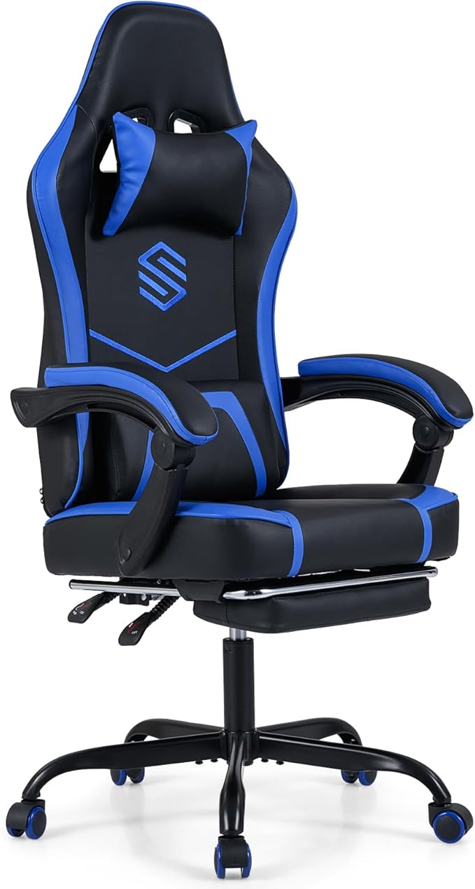 Goplus Gaming Chair Ergonomic Computer Chair with Footrest Lumbar Support Linkage Armrests Detachable Headrest Desk Chair with Adjustable Backrest &amp Height Task Chair for Home Office (Blue)