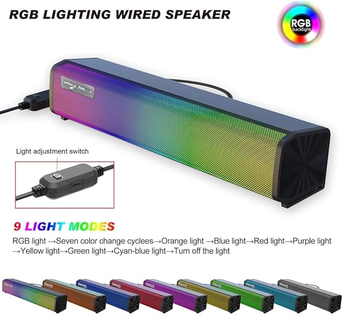 Computer Speakers Wired Computer Sound Bar Enhanced Stereo USB Powered Soundbar Speakers One Button Control for PC Tablets Laptop Cellphones