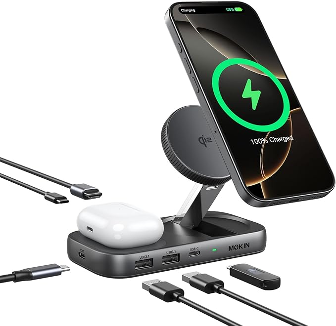 MOKiN USB C Hub 15W Wireless Charger Qi2 Certified Magsafe Charging Stand with 4K@60Hz HDMI 100W PD 10Gbps USB C/A and 5W Charging Pad Laptop Docking Station for MacBook/Windows