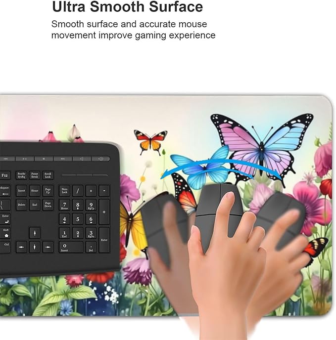 Butterfly Floral Garden Mouse PadDesk MatLarge Waterproof Non-Slip Rubber Mousepad with Stitched Edges Office Home Computer Desk Accessories35.4X15.7