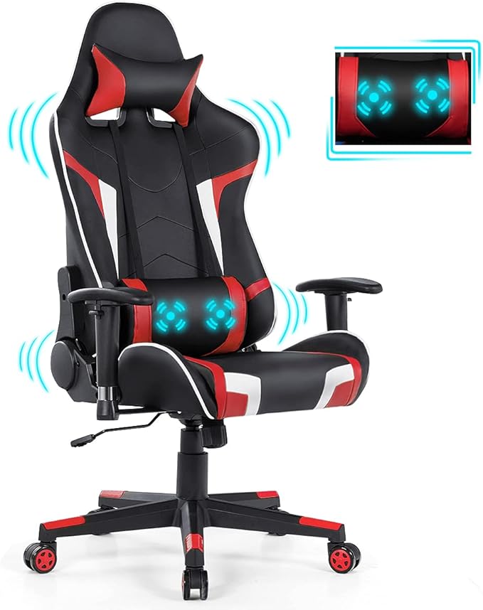 GYMAX Gaming Chair Massage Gaming Chairs for Adults with Headrest Lumbar Support &amp Armrest Video Computer Reclining Gaming Chair Office Desk Gamer Task Chair (Red)