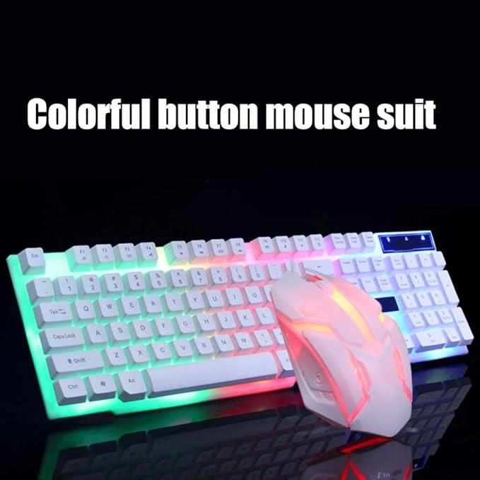 LED Backlit Gaming Keyboard and Mouse Combo for PC Desktop Laptop Colorful Glowing Mouse and Fast Response Velocity (White)