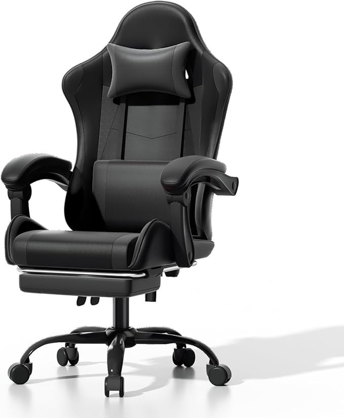 Athena Collection Ergonomic Gaming Chair with Footrest &amp Headrest Lumbar Support Height Adjustable Swivel Office Chair Reclining Game Chair Leather High Back Computer Chair for Adults Kids Black
