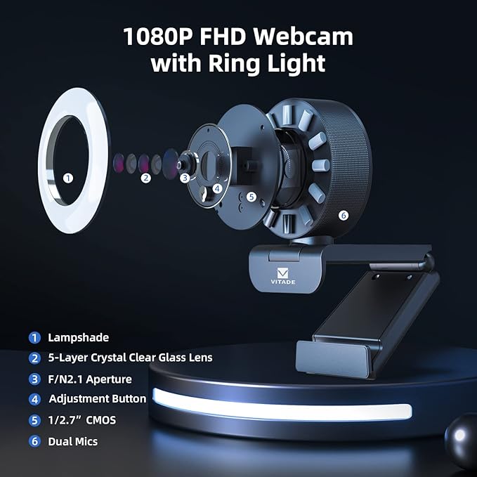 Streaming Webcam with Adjustable Ring Light Full HD 1080P Webcam with Dual Microphones and Advanced Auto-FocusPro Web Camera for Online Learning Zoom Meeting Skype Teams Gaming Laptop