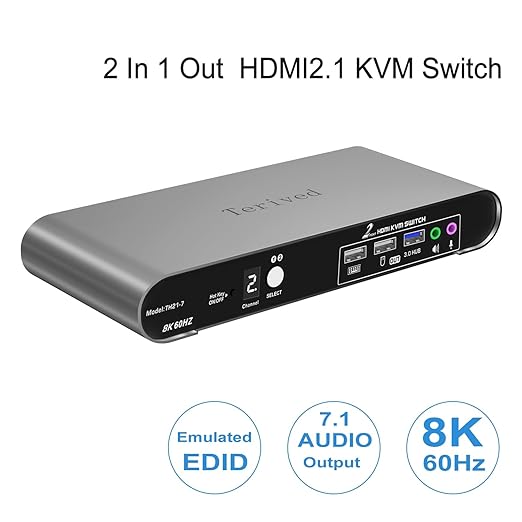 2 Computers 1 HDMI Monitor Automatic KVM Switch 8K@60Hz Hotkey Switching EDID Support 5.1/7.1 Audio and Microphone Aluminum Shell with Digital Display USB 3.0 Hub HDR10 with Cables