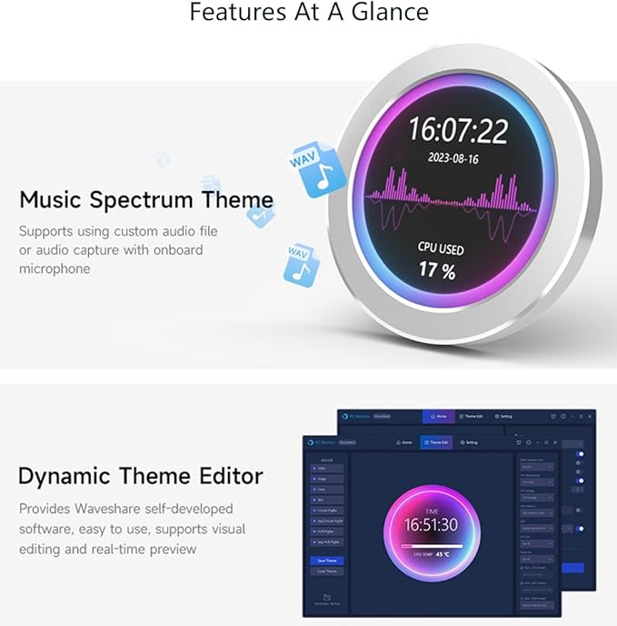 2.8inch USB Monitor Water Cooler Screen PC Case Secondary Screen Desktop RGB Ambient Screen 480x480 Resolution IPS PanelSupports Music Spectrum Analysis Function Dynamic Theme Editor Silver