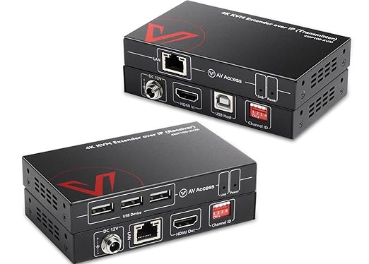 AV Access 4K HDMI USB KVM Extender TCP/IP Over Single Cat5e/6/6a/7 up to 120M(390ft) 1080P@120Hz Plug &amp Play Keyboard &amp Mouse Over Network Zero Latency 3 Ports USB Hub DIP up to 16 Sets