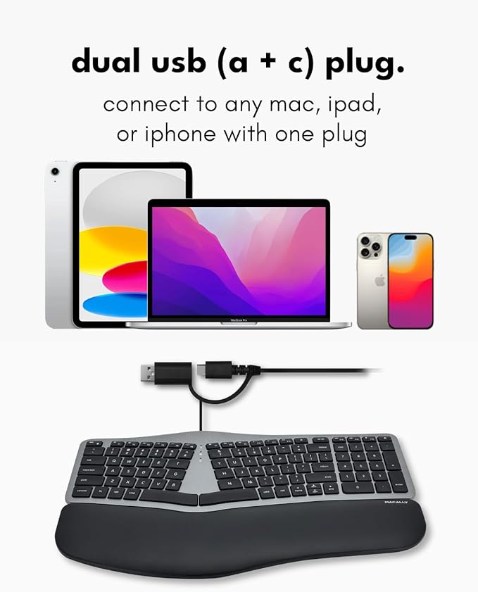 Macally Wired Ergonomic Keyboard for Mac - USB Hub Backlit Keys Dual USB C + A Plug Split Design Padded Wrist Cushion - Compatible Apple Keyboard for MacBook Pro/Air iMac iPad - Space Gray