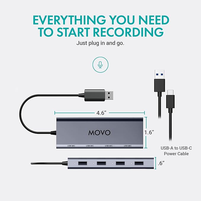 Movo UMX-1 USB Microphone Hub – 4-Port Powered USB Interface for Podcasting &amp Streaming Mics – Low-Noise High-Speed