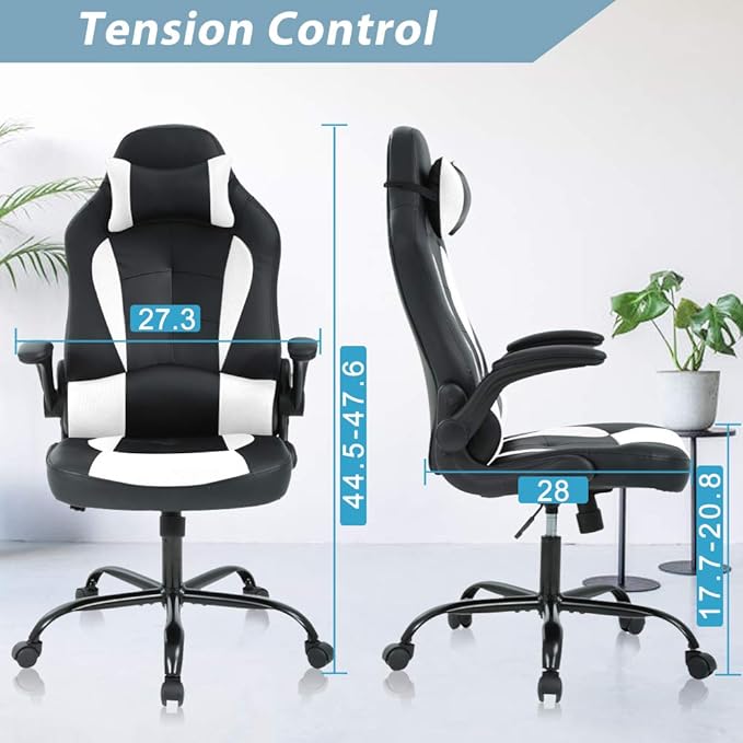 Gaming Chair Racing Ergonomic Racing Chair High Back PC Computer Gaming Chairs with Headrest Lumbar Support &amp Flip-up Arms PU Leather Adjustable Height Swivel White