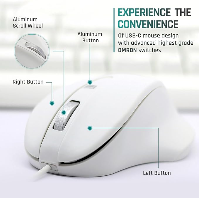 Matias Premium Wired USB-C PBT Computer Mouse - High Precision Ergonomic Design - Left Right Hand Use - Home and Office Use - Compatible for PC MacBook Chromebook Laptop Desktop - (White)