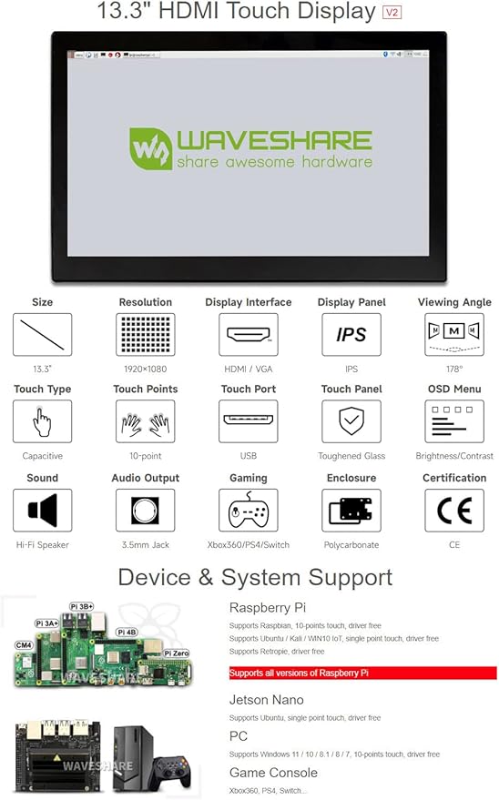 waveshare 13.3inch Capacitive Touch Screen LCD V1 with Case and Toughened Glass Cover 1920×1080 HDMI IPS