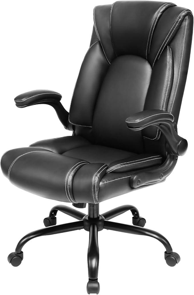 OUTFINE Flip-up Arms Office Chair 300lbs Executive Chair Swivel Office Chair with hydrolysis-Resistant Leather Spring Cushion Thick Padding and Ergonomic Design (Black Flip Arm Medium)