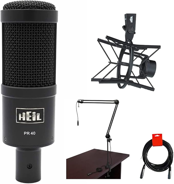 HEiL sound PR40 Large Diameter Dynamic Cardioid Studio Microphone Black Bundle with Heil Sound PRSMB Shockmount Two-Section Broadcast Arm and XLR Cable