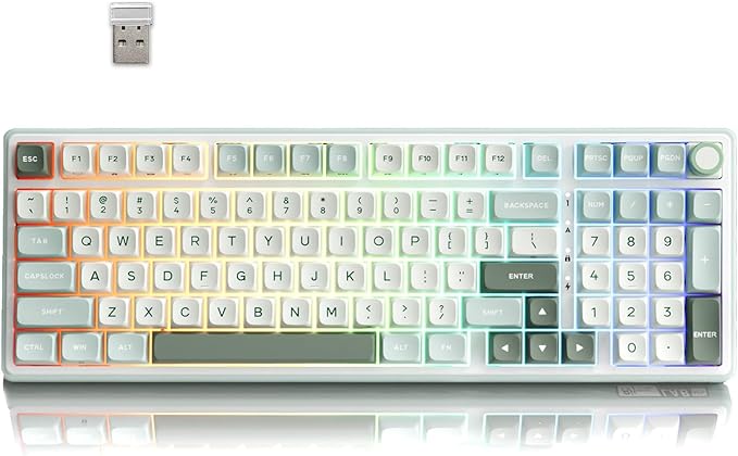 RK ROYAL KLUDGE R98 Pro Wireless Mechanical Keyboard Creamy Bluetooth/2.4GHz/Wired RGB Gaming Keyboard with Number Pad and Knob MDA Profile PBT Keycaps Gasket Hot Swappable Tactile Switch Cyan