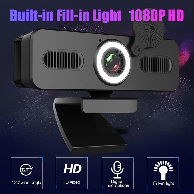 1080P HD Webcam Computer Webcam with Microphone USB PC Web Camera 120-degree Wide Angle with Fill-in Free Drive for Recording Calling Conferencing Gaming Compatible with Windows Vista iOS