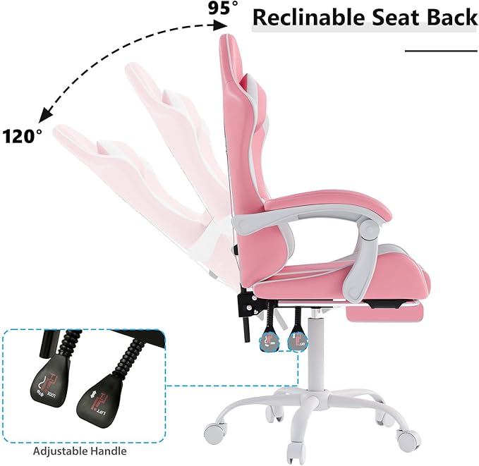 Gaming Chair with Headrest and Lumbar Support Ergonomic High Back Office Chair Racing Style Executive Computer Desk Chair Leather Adjustable Swivel Task Chair for Home Office (Pink White)