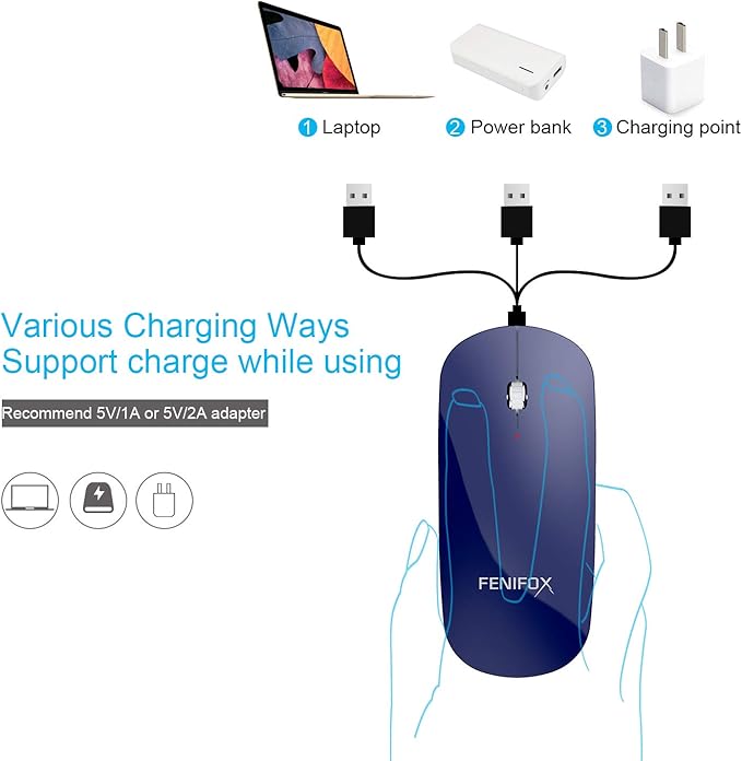 FENIFOX Bluetooth Mouse Slim Whisper-Quiet Mini Flat Portable Mobile Mice Rechargeable Compatible with LaptopPCAndroid Windows Tablet (Deep Blue)