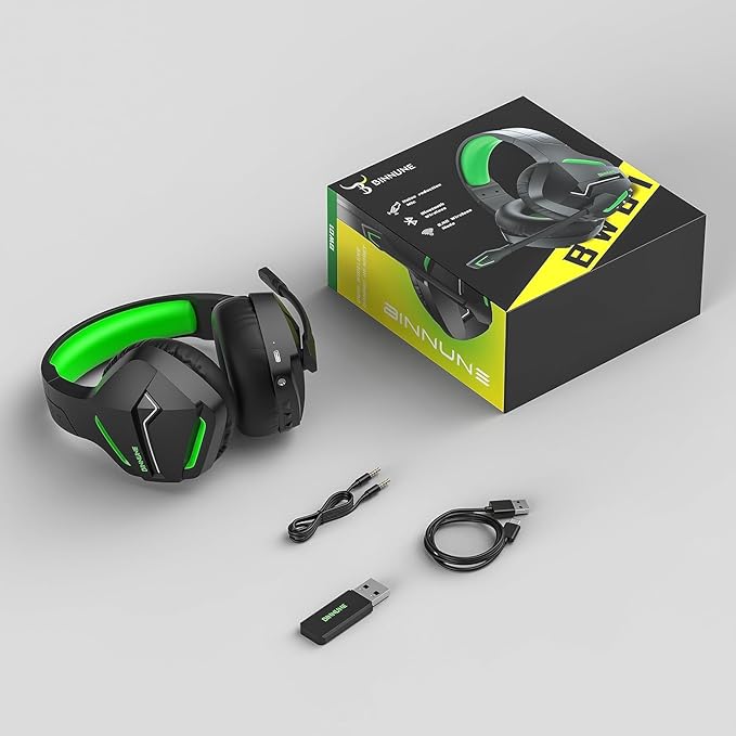BINNUNE 2.4GHz Wireless Gaming Headset Bluetooth 5.3 Gaming Headphones with Noise Canceling Mic 120H Ultra-Long Battery 50mm Drivers Multi-Platform for PC / PS5 /PS4/ Switch/Mobile Green