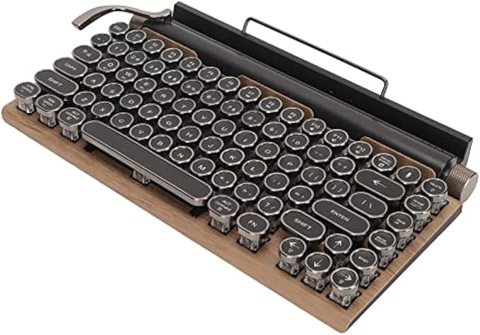 Jiawu Mechanical Gaming Keyboard Typewriter Retro Punk Gaming Keyboard Bluetooth Keyboard with Metal Round Keycap &amp Backlit 83 Keys Blue Switch Electric Typewriter (Wood