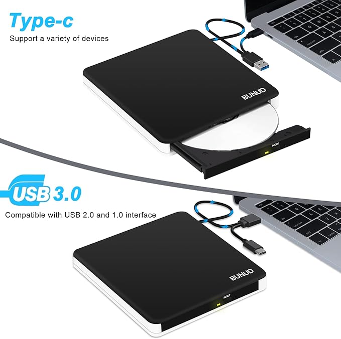 BUNUD External DVD Burner USB-C: Portable DVD External Drive for Apple Superdrive with 2 USB and TF/SD Slots - Plug &amp Play CD Drive External for Mac Laptop Windows 11