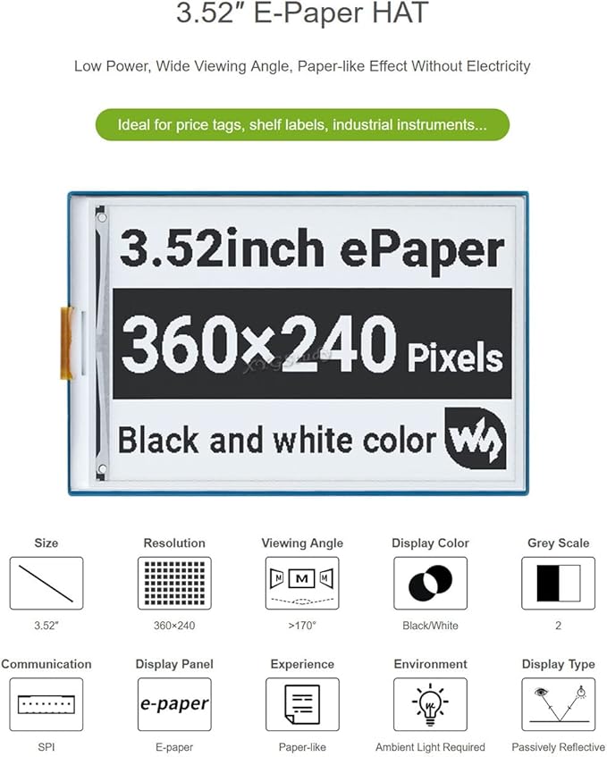 3.52inch e-Paper Display Panel HAT Resolution 360×240 Pixels with SPI Interface Paper-Like Experience Black/White