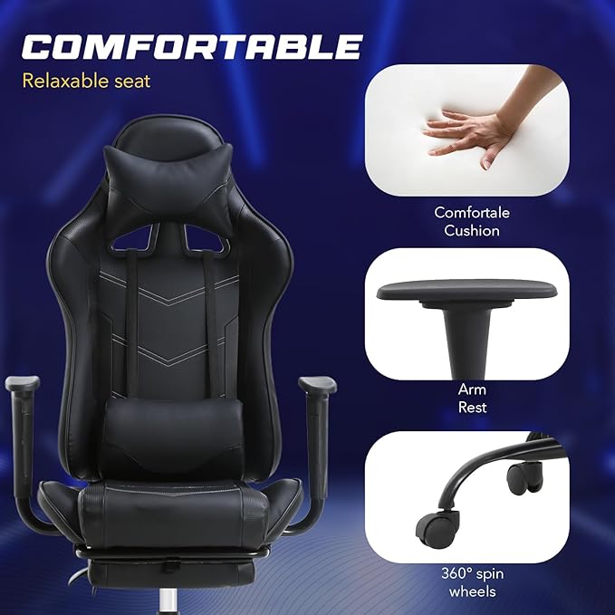 Gaming Chair with FootrestErgonomic Office ChairAdjustable Swivel Desk ChairReclining Computer Chair with Lumbar Support and HeadrestRacing Style Video Gamer ChairBlack