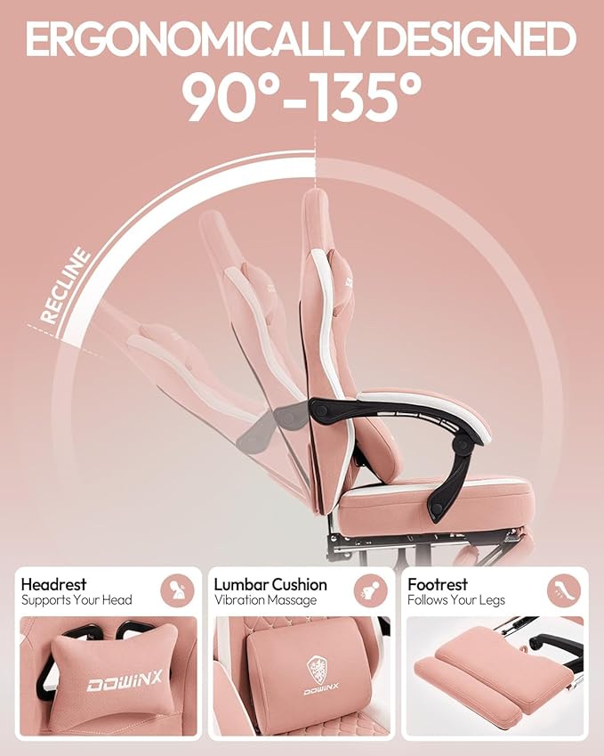 Dowinx Gaming Chair Breathable Fabric Game Chair with Gel Pad and Storage Bag Comfortable Gamer Chair with Pocket Spring Cushion Ergonomic Computer Chair with Footrest Pink and White
