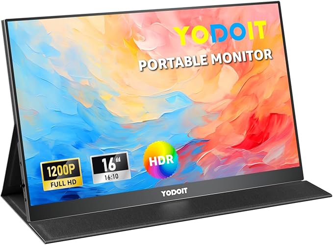 Yodoit Portable Monitor for Laptop 1920×1200 16 FHD Screen IPS Display with USB Type C Port Built-in Speakers and Smart Cover Compatible with PC MacBook Xbox (Black)