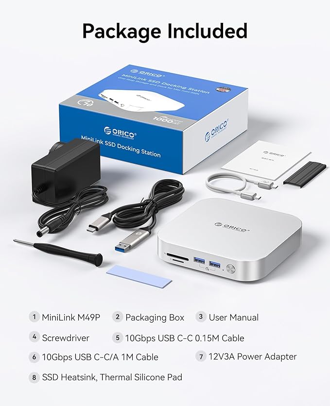 ORICO USB Hub Compatibility with Mac mini M4 9-in-1 Aluminum Dock with SSD Enclosure for NVME/SATA M.2 USB A 10Gbps 3.0 SD/TF Card Readers 3.5mm Audio Jack