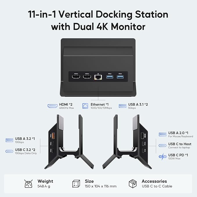 USB C Laptop Docking Station Dual Monitor 11 in 1 Vertical Dock with 2 HDMI 4K 3 USB A/C 10Gbps 2USB-A 5Gbps USB A 2.0 Ethernet Docking Station Stand for Type-C Laptops - Black