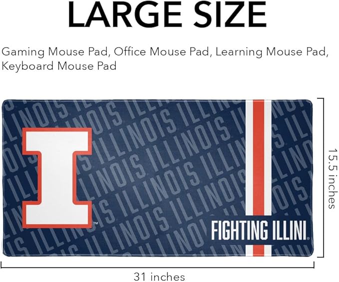 University of Illinois Fighting Illini Mascot Large Gaming Mouse Pad Desk Mat with Stitched Edges Non-Slip Base for Gamer Home and Office 31.5 x 15.7