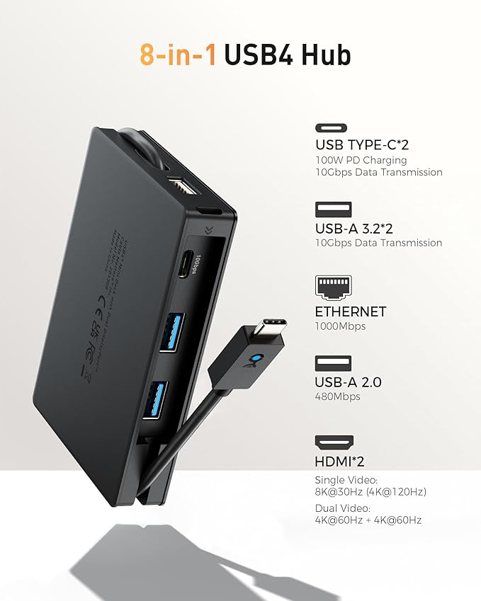 Cable Matters 8-in-1 Portable 40Gbps Dual HDMI USB4 Hub USB 4 Dock with 2X 4K@60Hz or 1x 4K@120Hz / 8K@30Hz 100W PD Gigabit Ethernet Compatible with Thunderbolt 4 (*macOS's Display Limitation)