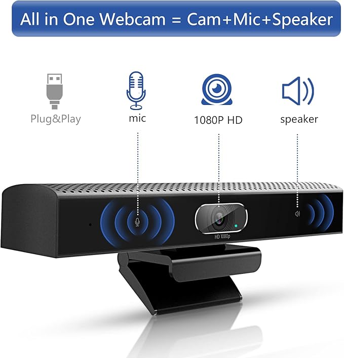 Conference Room Camera 3-in-1 1080p Full HD Webcam with Microphone and Speaker USB Plug and Play Wide Angle Video Conference Camera for Desktop Laptop Mac PC (Black)